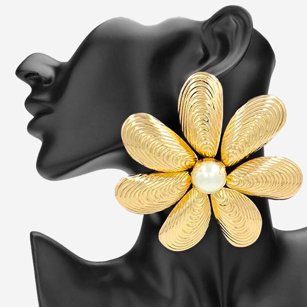 Oversized Gold Metal Flower Pearl Statement Earrings